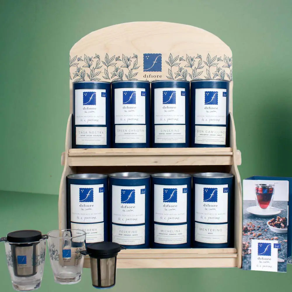 bio tee starterpaket für gastronomie und hoteliere mit holzaufsteller und 8 bio teesorten von difiore tea creation