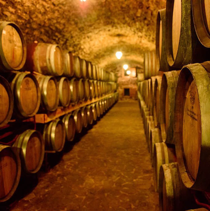 weinkeller mit holzfässern bei ciabot piemont italien 